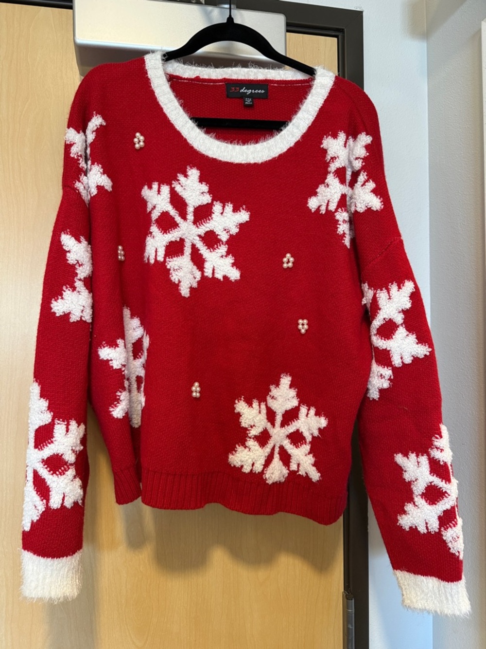 32 Degrees Red Crewneck Sweater with White Snowflake Detail